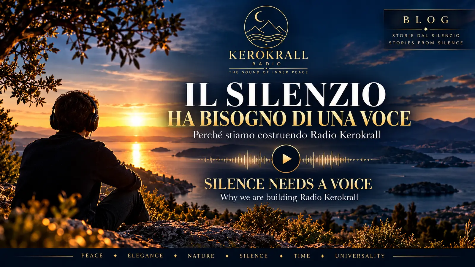 Ascoltatore davanti a un lago al tramonto nella cover Il silenzio ha bisogno di una voce