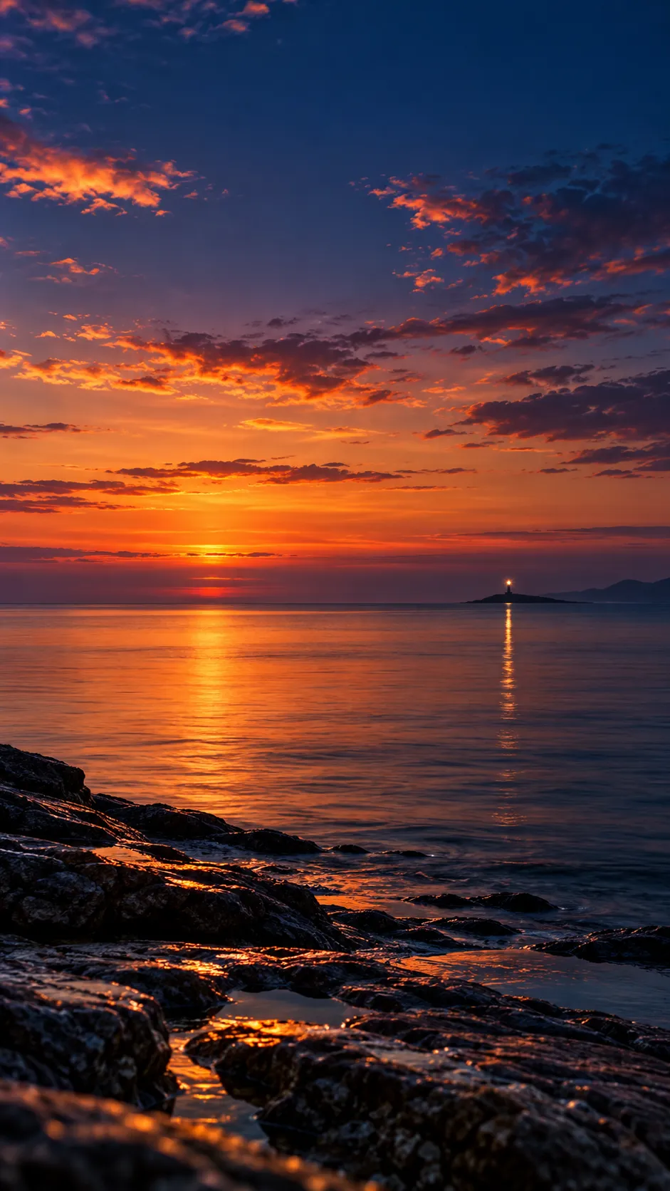 Tramonto sul mare con un faro lontano
