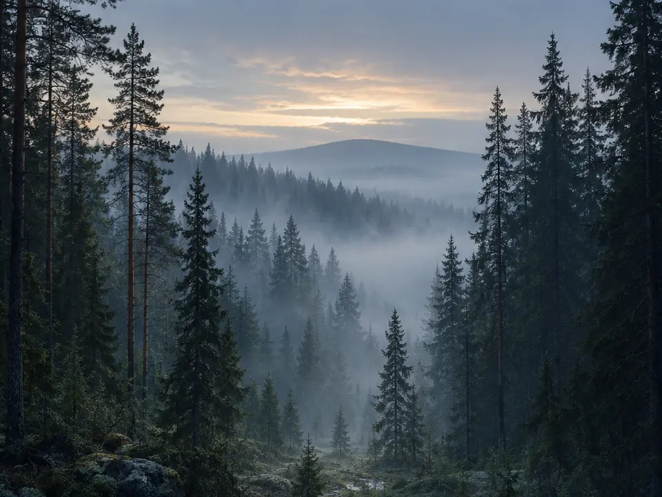 Foresta nordica avvolta nella nebbia