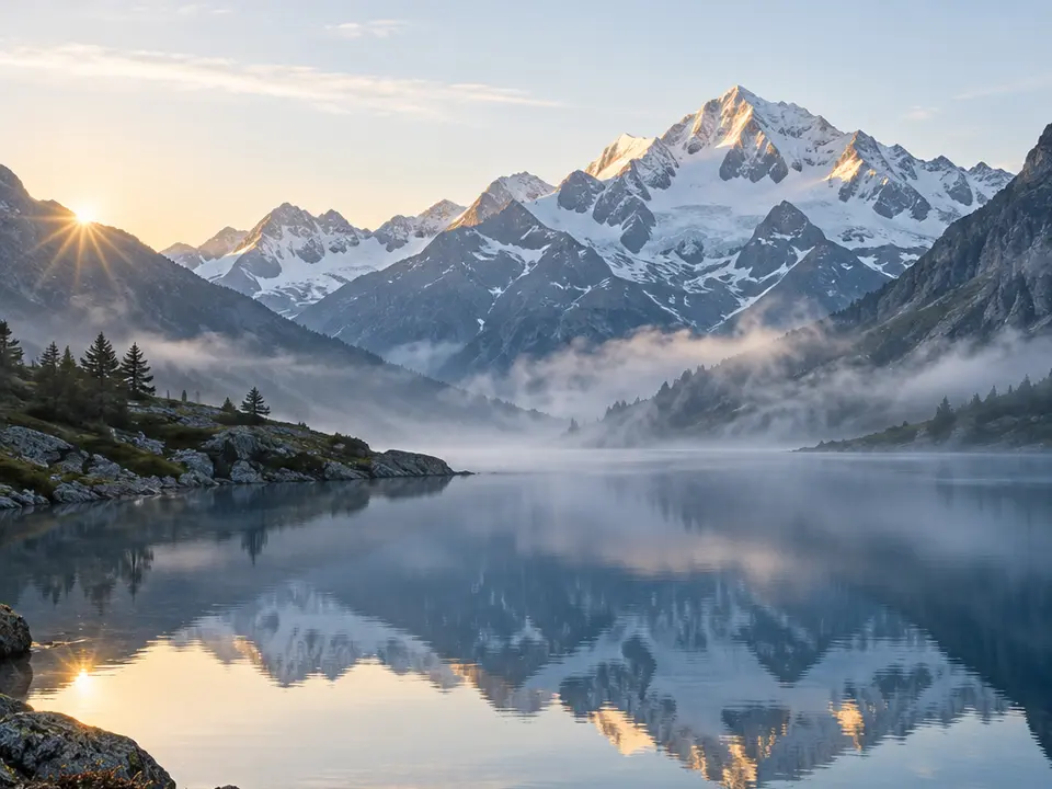 Lago alpino tra montagne innevate illuminate dal mattino