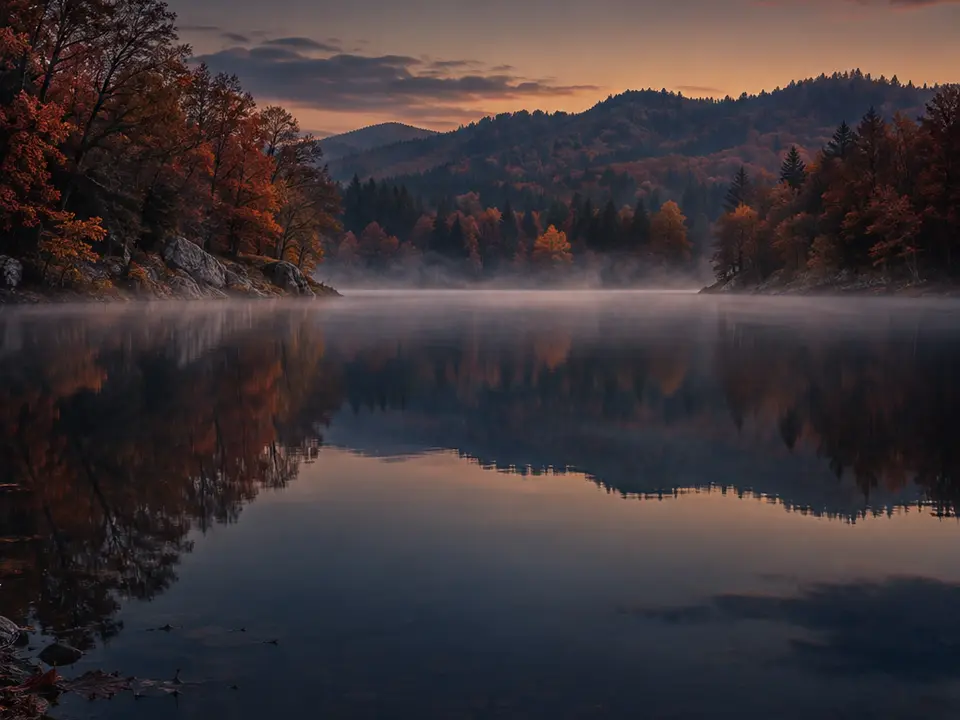 Lago quieto circondato da alberi nei toni dell’autunno