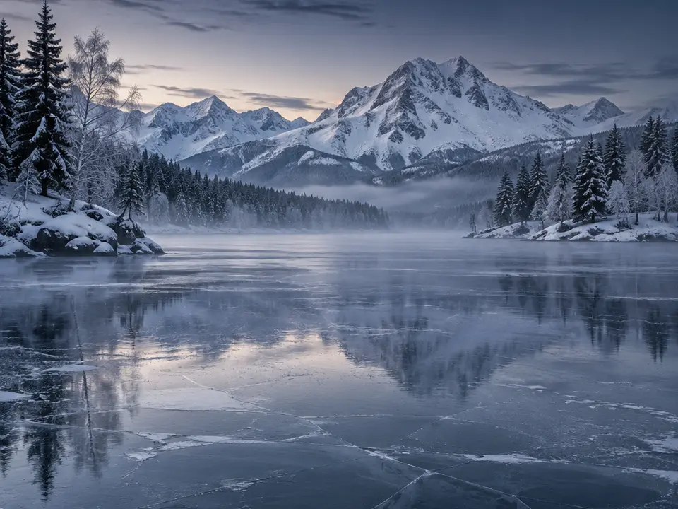 Lago invernale davanti a montagne e abeti innevati