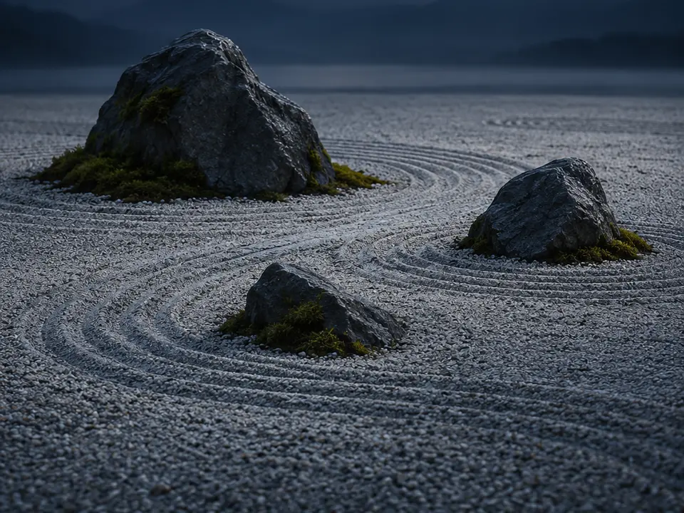 Giardino zen con pietre e linee tracciate nella ghiaia