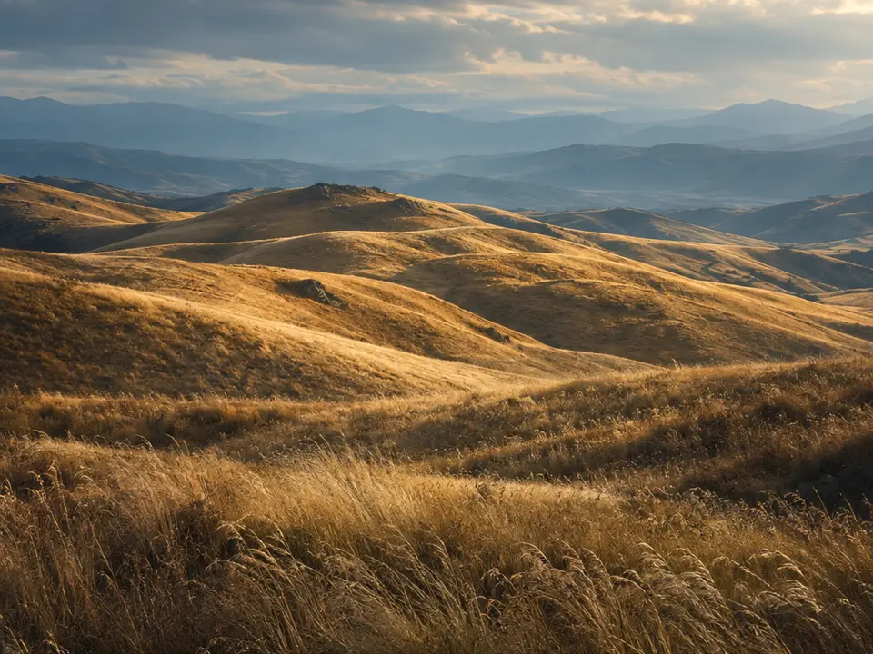 Colline dorate illuminate da una luce morbida
