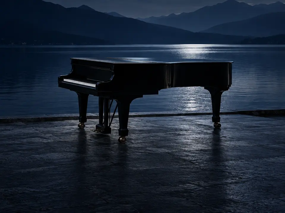 Pianoforte a coda nero davanti a un lago notturno